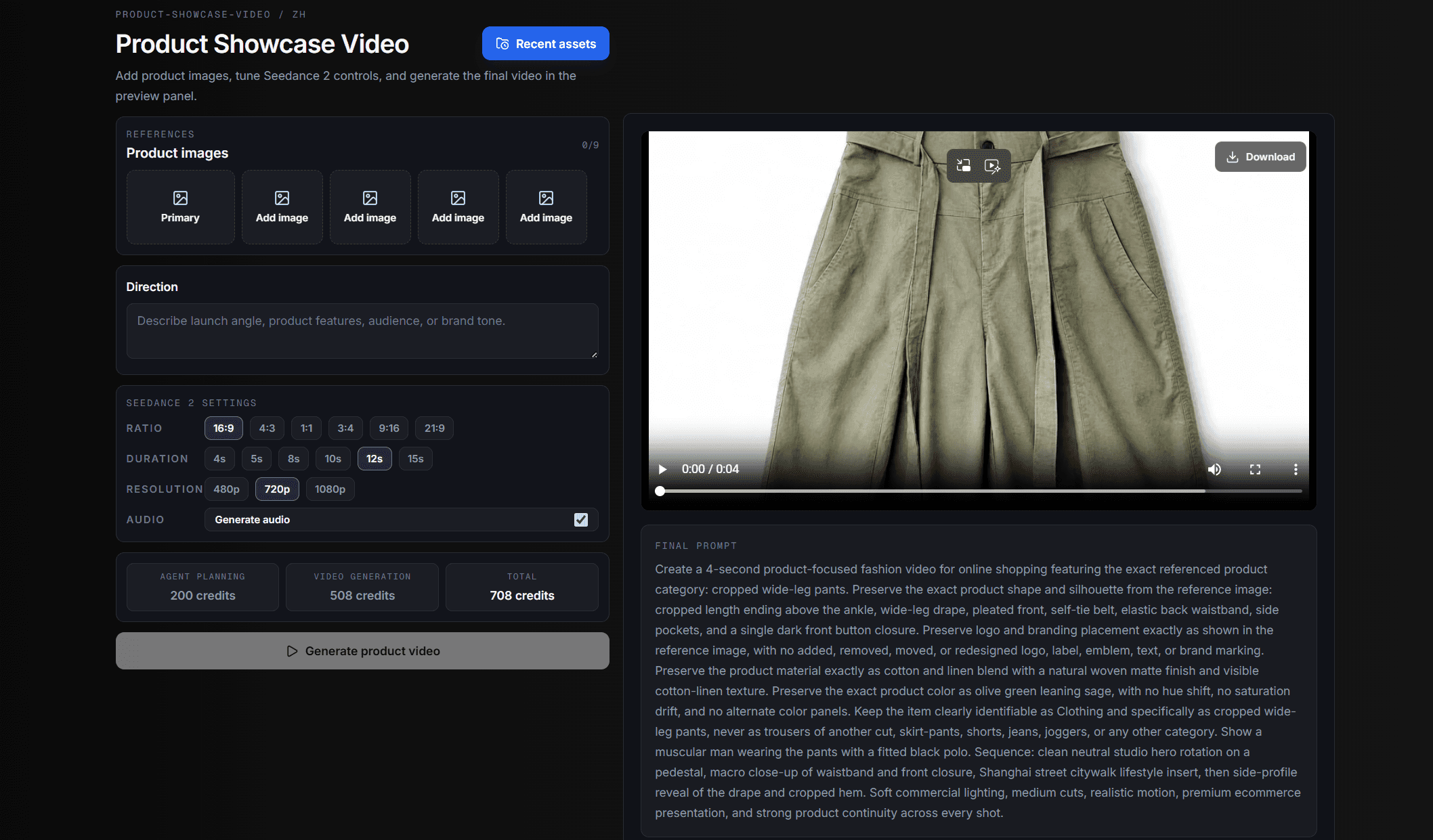 HeyYa product showcase video agent workbench with product references, Seedance settings, preview, and final prompt